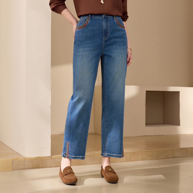 【九分直筒裤】松紧腰设计感开叉牛仔裤纤莉秀大码女装胖mm秋新款