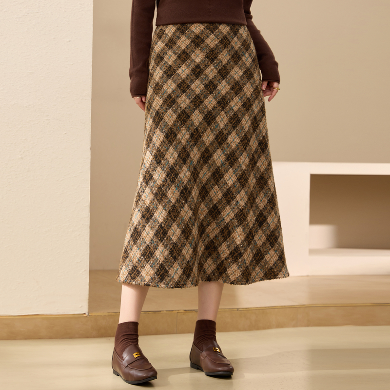 【绵羊毛混纺格纹裙】撞色松紧腰半身裙纤莉秀大码女装胖mm冬新款