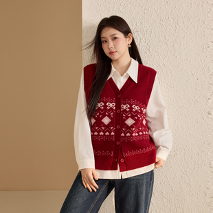 胖mm2025冬装 女装 提花叠穿坎肩背心纤莉秀大码 新款 费尔岛马甲