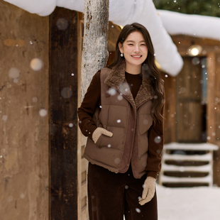 女装 毛领加厚百搭叠穿棉服马甲纤莉秀大码 胖mm2025冬新款 松果