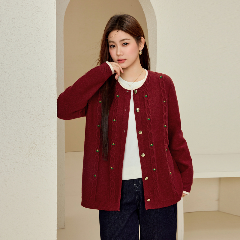 【温柔减龄少女感圆领开衫毛衣】纤莉秀大码女装胖mm2025春装新款