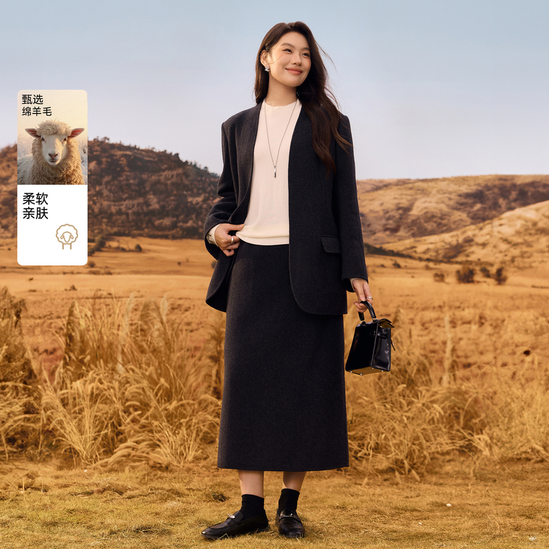 【绵羊毛呢套装】纤莉秀大码女装时髦气质宽松两件套胖mm冬装新款