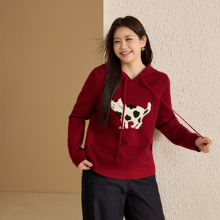 【萌宠乐园】猫咪图案连帽百搭软糯毛衣纤莉秀大码女装胖mm冬新款