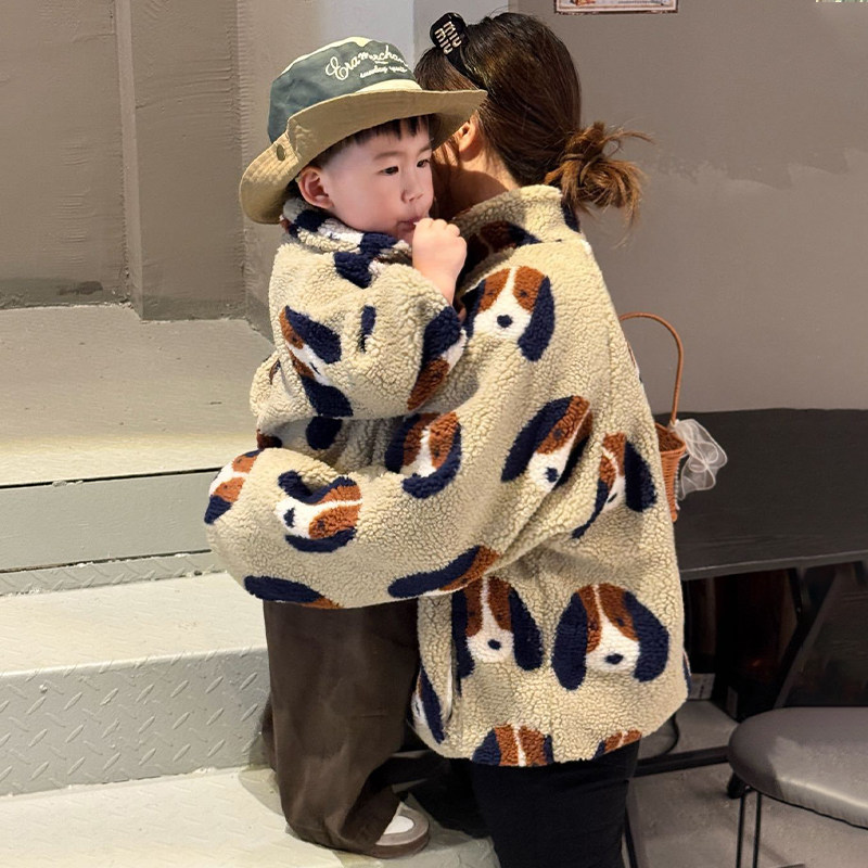 男童摇粒绒外套深秋亲子冬装婴儿女宝衣服加绒韩版儿童羊羔绒上衣