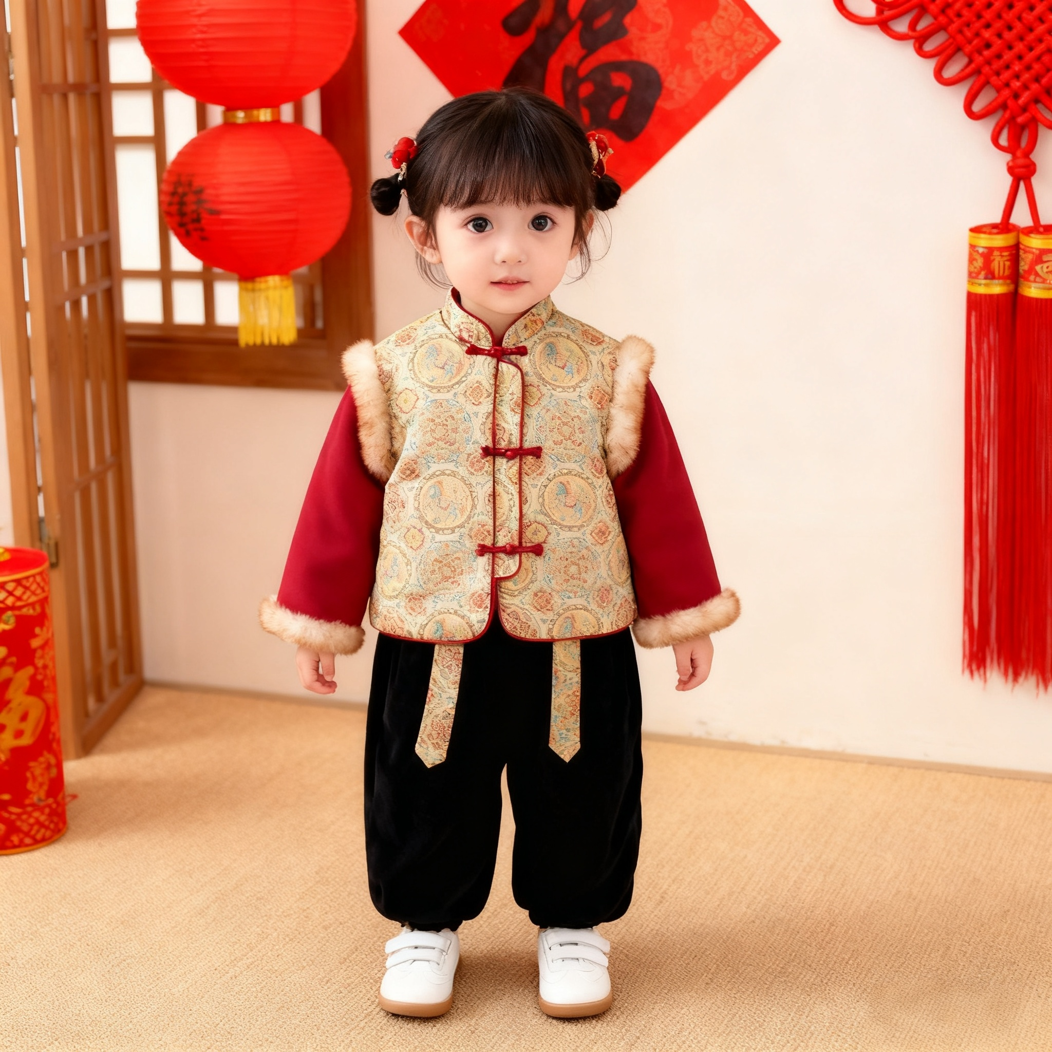 女童新中式唐装周岁套装冬季加厚婴儿抓周宴礼服新年男宝宝拜年服