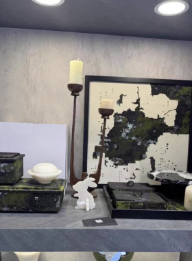 绿色系中古佗寂风样板房首饰盒挂画云石钢琴香炉托盘首饰盒组合