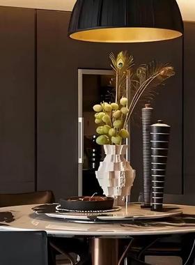 中古侘寂风样板房餐桌花瓶花艺果盘木质烛台高档组合装饰摆件