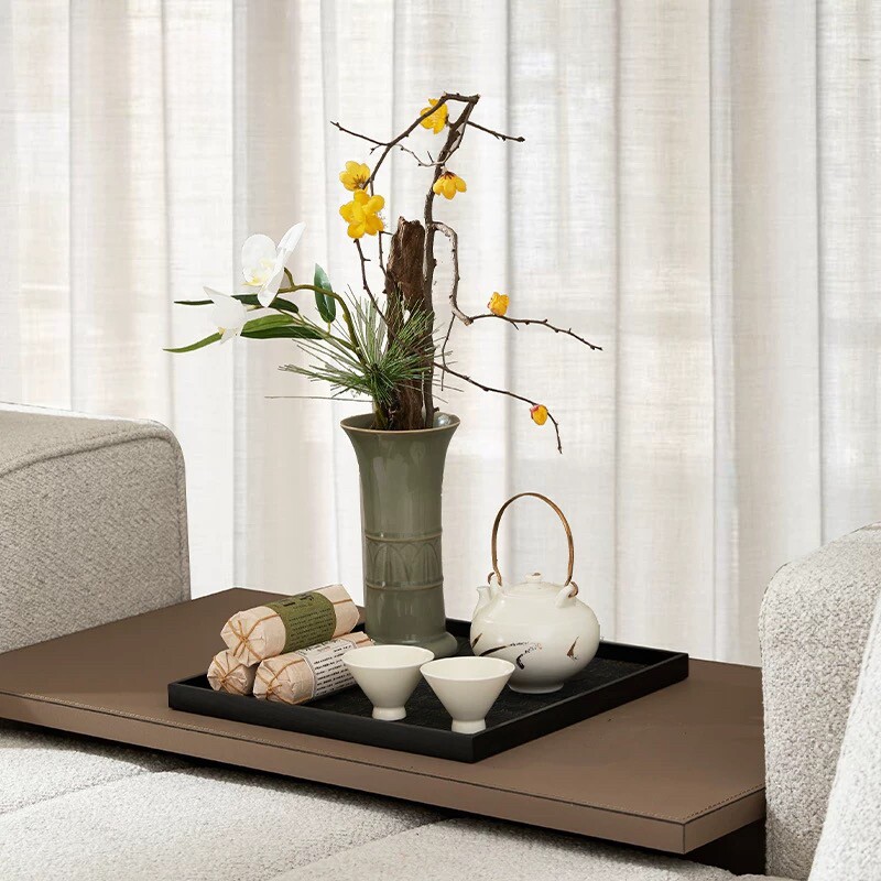 新中式样板房售楼处酒店客厅茶几桌面仿真花艺托盘酒具装饰摆件