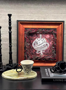 侘寂中古风样板房售楼部酒店大理石托盘烛台挂画杯子组合装饰摆件