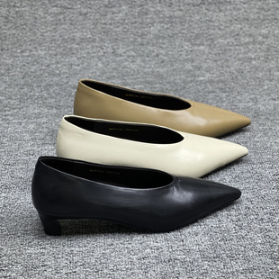 欧洲站女鞋2025秋季新款欧货真皮胎牛皮尖头浅口细跟中跟鞋单鞋女
