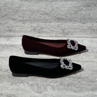 乐魔女鞋2026春季新款欧货真皮丝绒水钻尖头浅口低跟奶奶鞋单鞋女