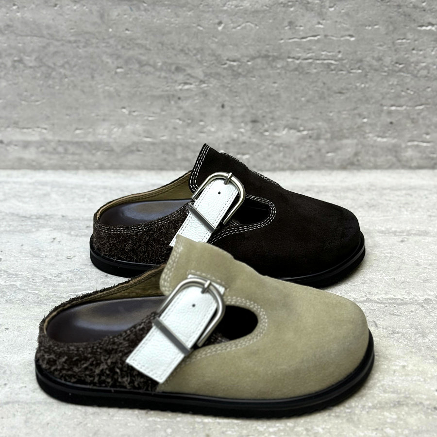 欧货女鞋2026春季新款真皮牛反绒皮带扣平底英伦穆勒鞋包头拖鞋女,女鞋,包头拖,淘宝优惠券,粉丝福利购,淘宝优惠卷