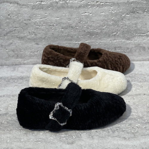 皮带扣水钻浅口低跟玛丽珍鞋棉鞋