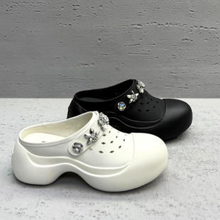 欧洲站欧货女鞋2026春夏真皮水钻厚底包头拖鞋高洞洞鞋大头半拖鞋