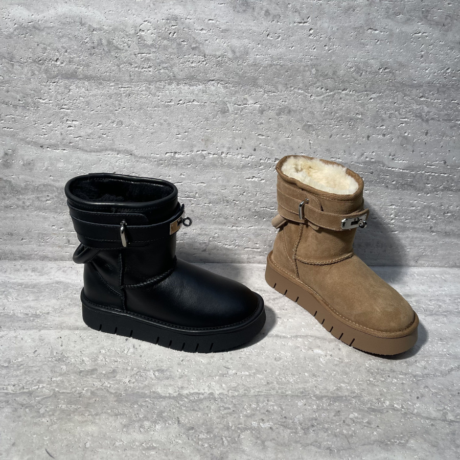 皮毛一体加绒保暖皮带扣雪地靴
