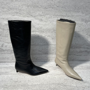 欧洲站女鞋2025秋季新款真皮胎牛皮尖头细跟套筒高跟鞋高筒长靴女