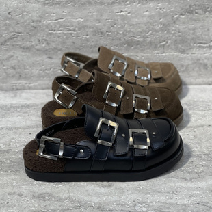 欧洲站女鞋2025夏季新款欧货皮面后绊带皮带扣包头凉鞋女平底拖鞋