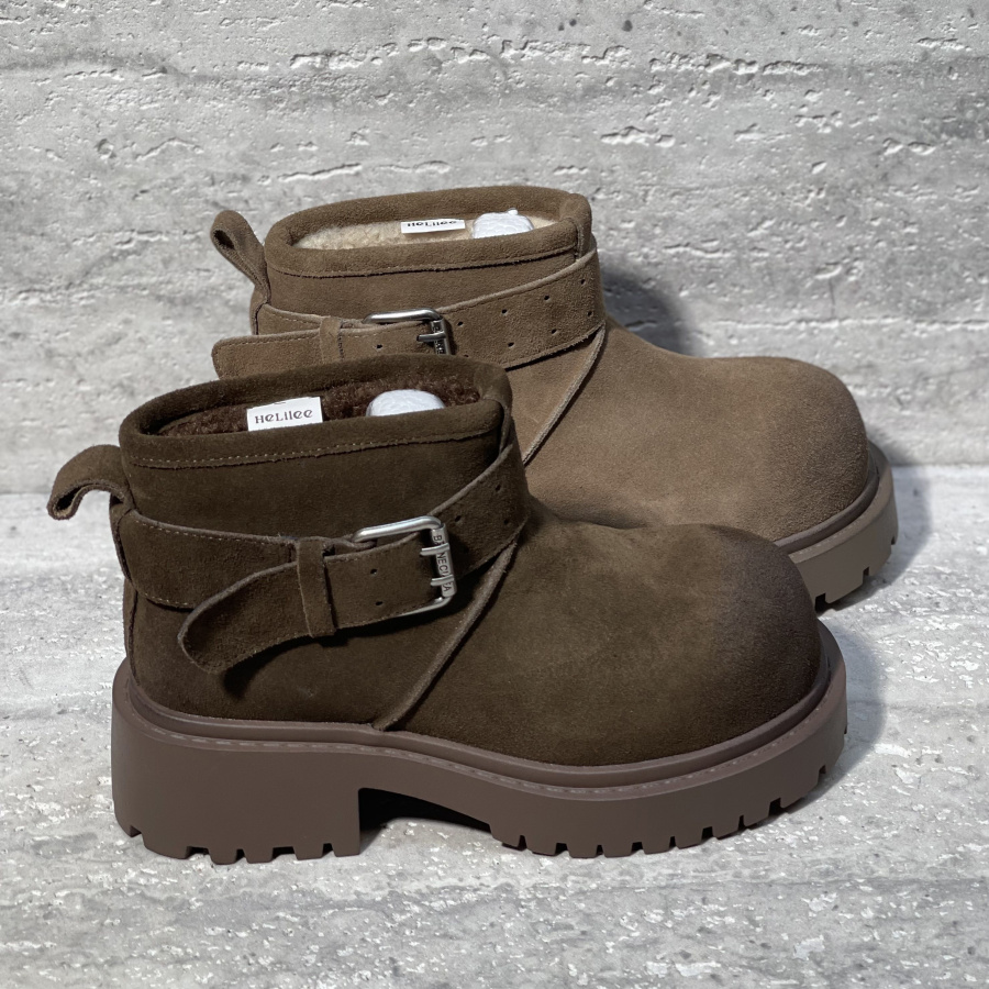 粗跟皮带扣加绒保暖雪地靴短靴女