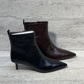 欧洲站女鞋 短靴女 真皮打蜡羊皮尖头细跟侧拉链高跟鞋 2025秋季 新款