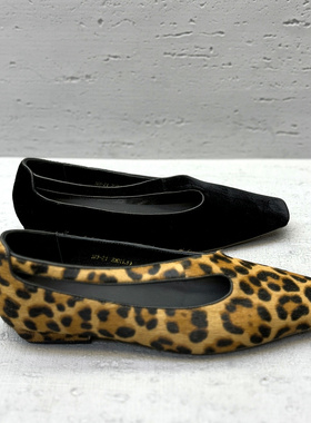 欧洲站欧货女鞋2026春季新款真皮方头豹纹一脚蹬低跟侧边镂空单鞋