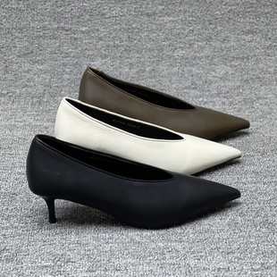 欧洲站女鞋2025秋季新款欧货真皮胎牛皮尖头浅口细跟时尚高跟鞋女