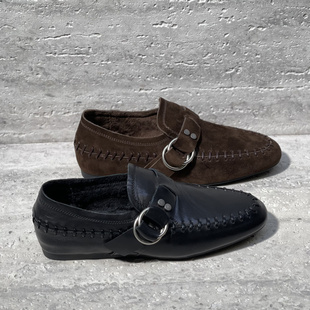 欧洲站女鞋2025冬季新款欧货真皮加绒保暖低跟一脚蹬乐福鞋皮鞋女