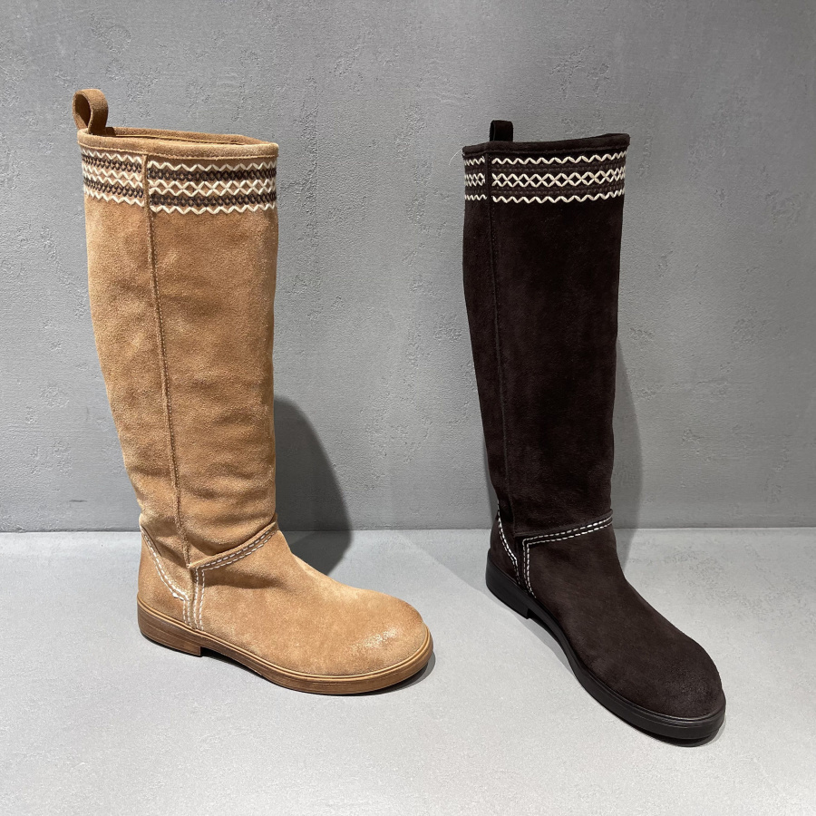 牛猄粗跟套筒高筒长靴烟筒靴