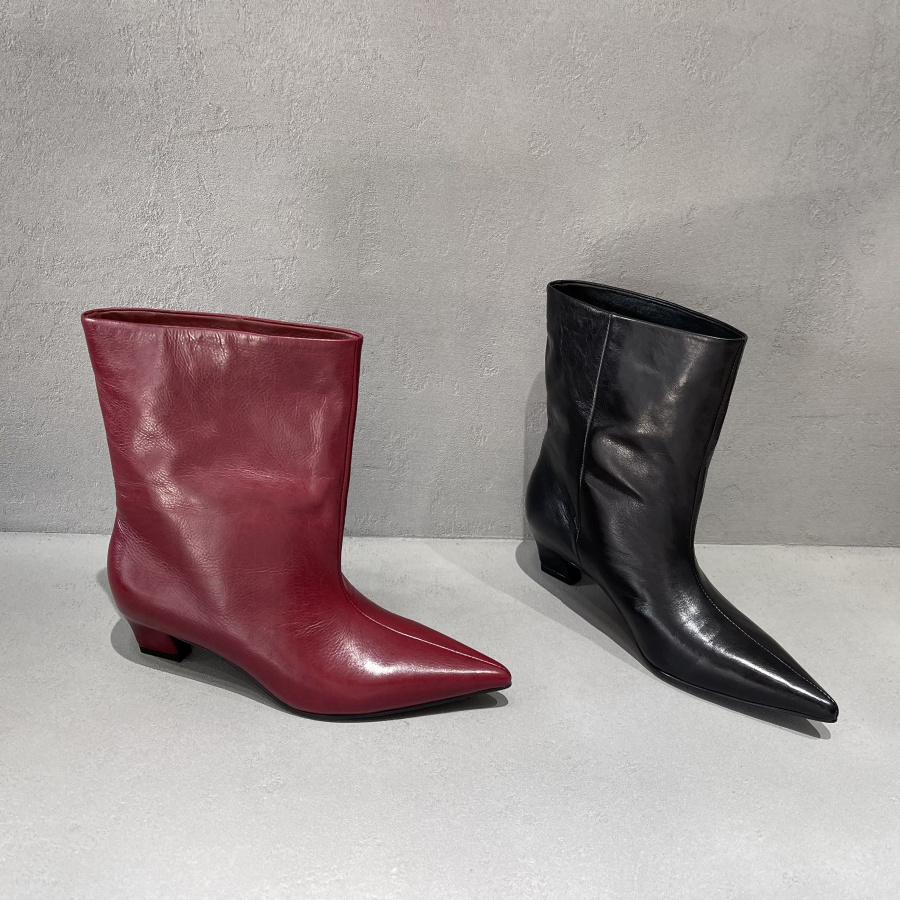 小牛皮尖头小跟鞋中筒靴烟筒靴