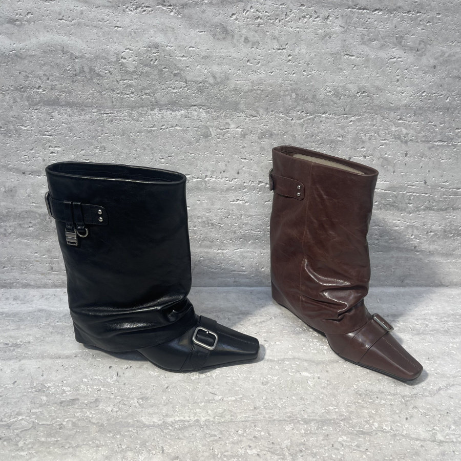 女鞋2025秋季新款真皮小牛皮方头细跟高跟中筒靴裤管靴套筒短靴女,女鞋,时装靴,淘宝优惠券,粉丝福利购,淘宝优惠卷