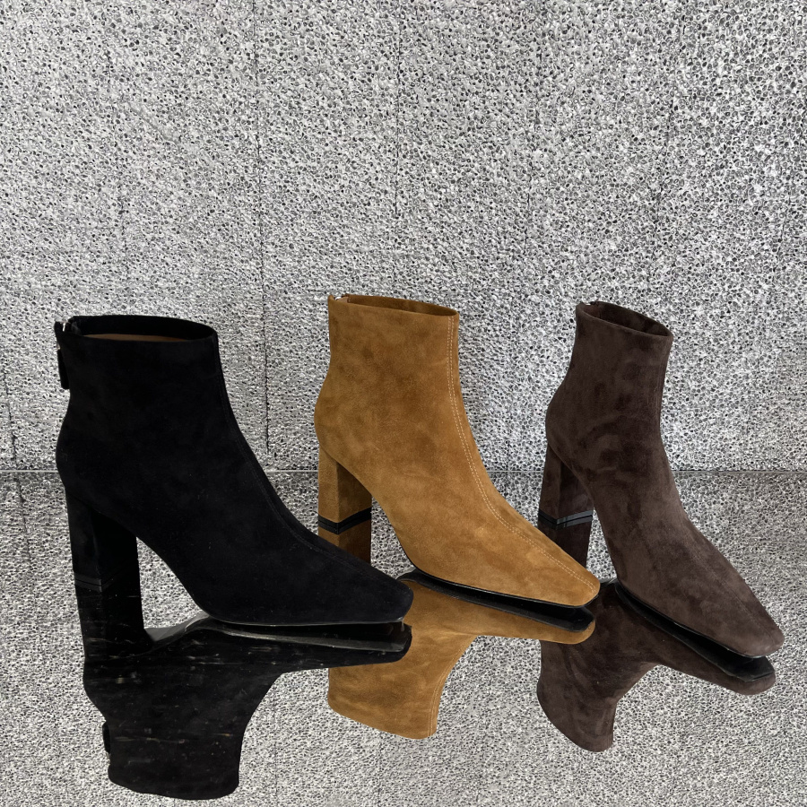 羊猄皮方头粗跟后拉链高跟鞋短靴