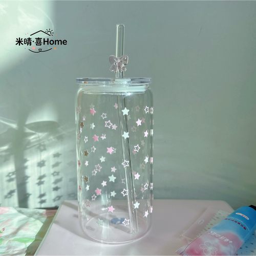 米晴·喜Home 粉上星星玻璃杯500ml高硼硅带竹盖玻璃可爱牛奶水杯