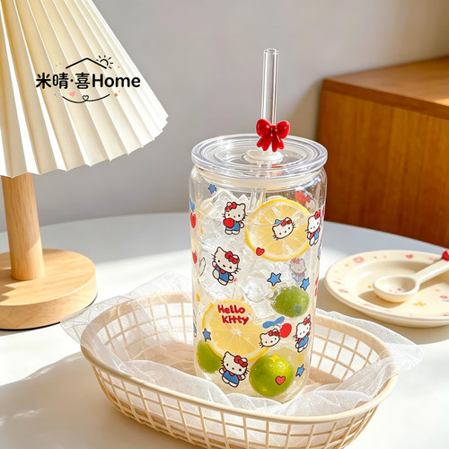 米晴·喜Home 玻璃杯500ml可爱卡通水杯吸管杯少女心果汁牛奶杯