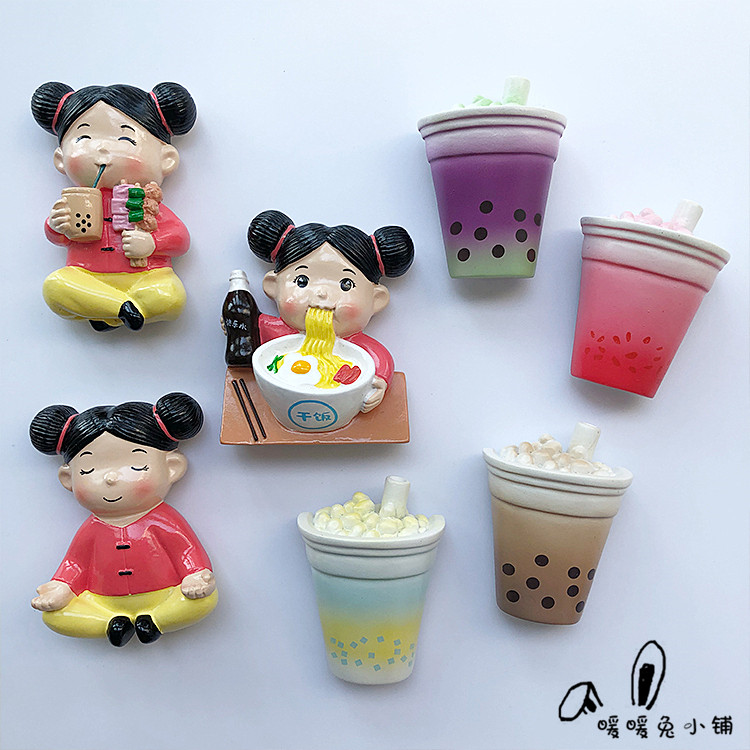 可爱卡通干饭娃娃奶茶饮料树脂冰箱贴磁贴磁性贴磁力贴吸力贴吸铁