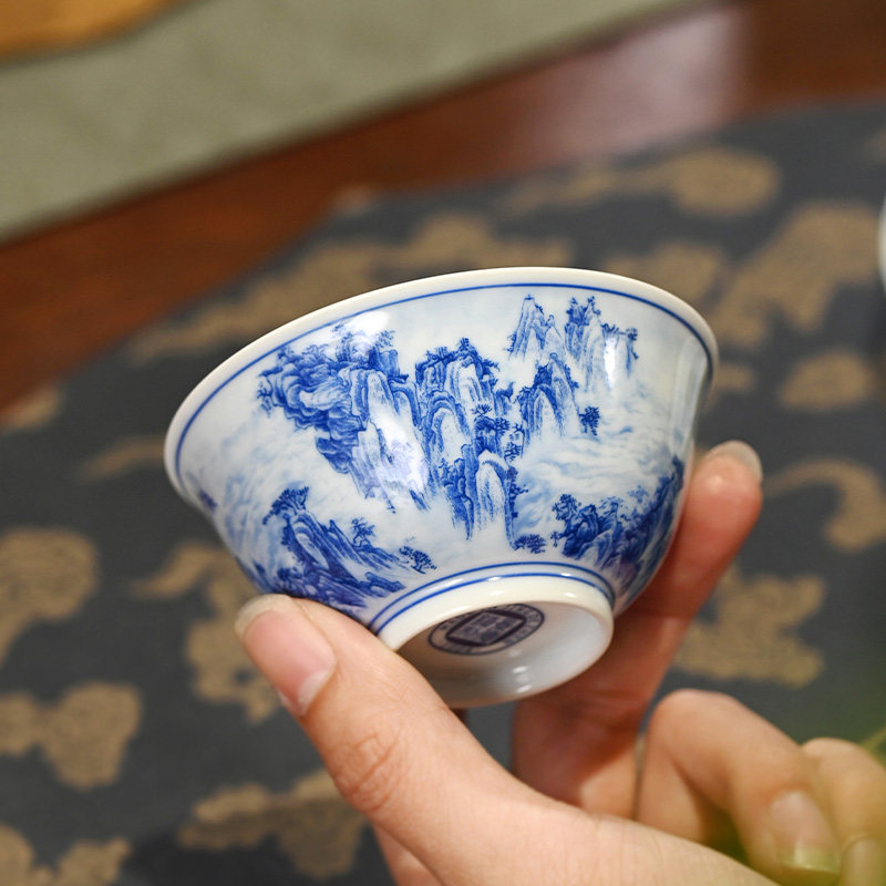 主人杯景德镇陶瓷茶杯主人杯个人茶杯功夫青花薄胎清湾山水