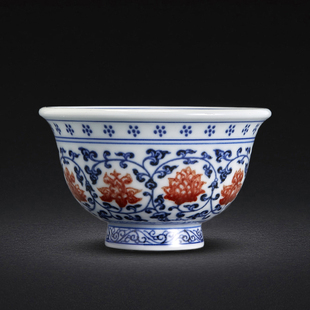 压手杯景德镇手绘手工主人杯茶杯青花釉里红永乐缠枝莲压手杯狮心