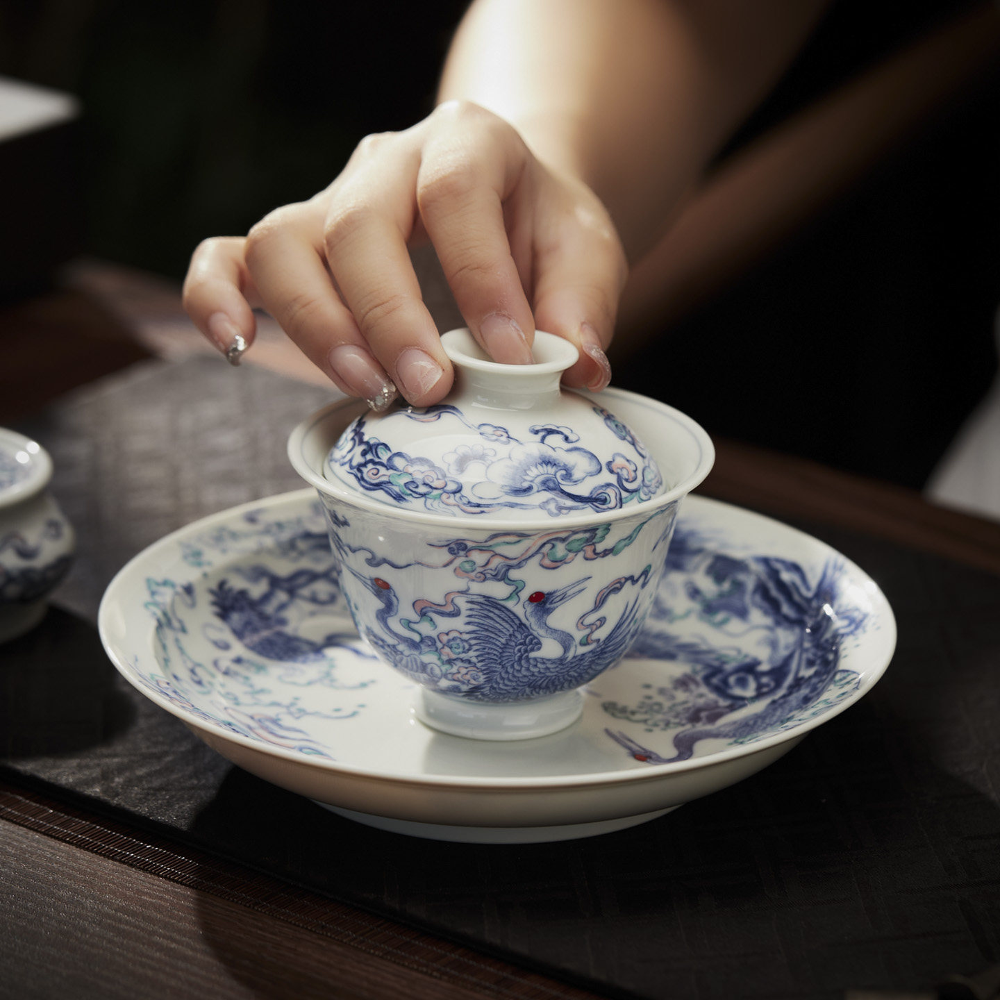 景德镇青花瓷盖碗茶杯盖碗陶瓷茶碗釉下岩茶盖碗茶碗釉下青花仙鹤