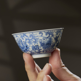 主人杯景德镇陶瓷茶杯主人杯个人茶杯功夫青花薄胎西番莲纹主人杯