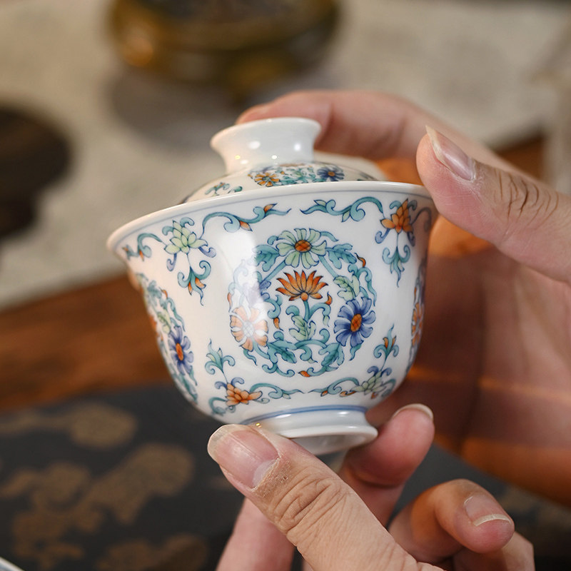 景德镇青花瓷盖碗茶杯釉下青花雏菊盖碗茶器盖碗陶瓷岩茶茶碗