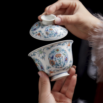 景德镇青花瓷盖碗茶杯釉下青花雏菊盖碗茶器盖碗陶瓷岩茶茶碗