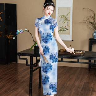 24新款夏季旗袍网纱印花日常走秀新中式优雅复古长款高弹力演出服