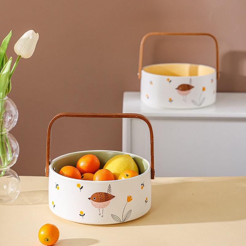 陶瓷水果盘家用客厅茶几零食盘碟手提干坚果盘瓜子糖果盘托盘中式