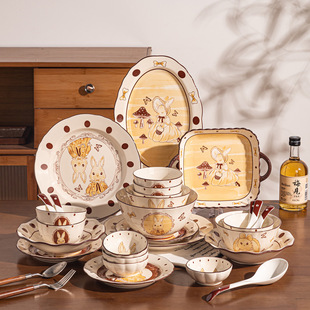 卡通可爱碗碟套装家用2026新款陶瓷餐具乔迁新居米饭碗菜盘子鱼盘