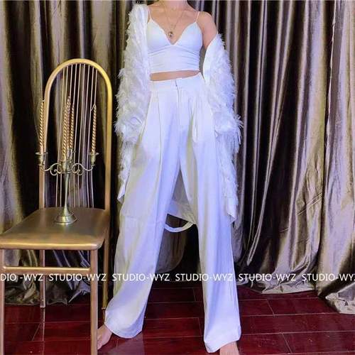 Белые модные штаны, костюм, яркий броский стиль, высокая талия, в корейском стиле