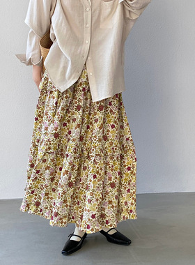 温柔风碎花拼接半身裙女春季小个子百褶裙高腰宽松a字裙1772