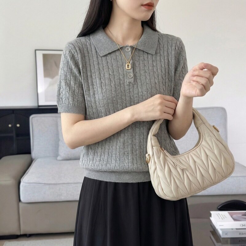 春季新款纯棉线POLO领针织衫短袖女纯色扭花宽松打底衫翻领上衣