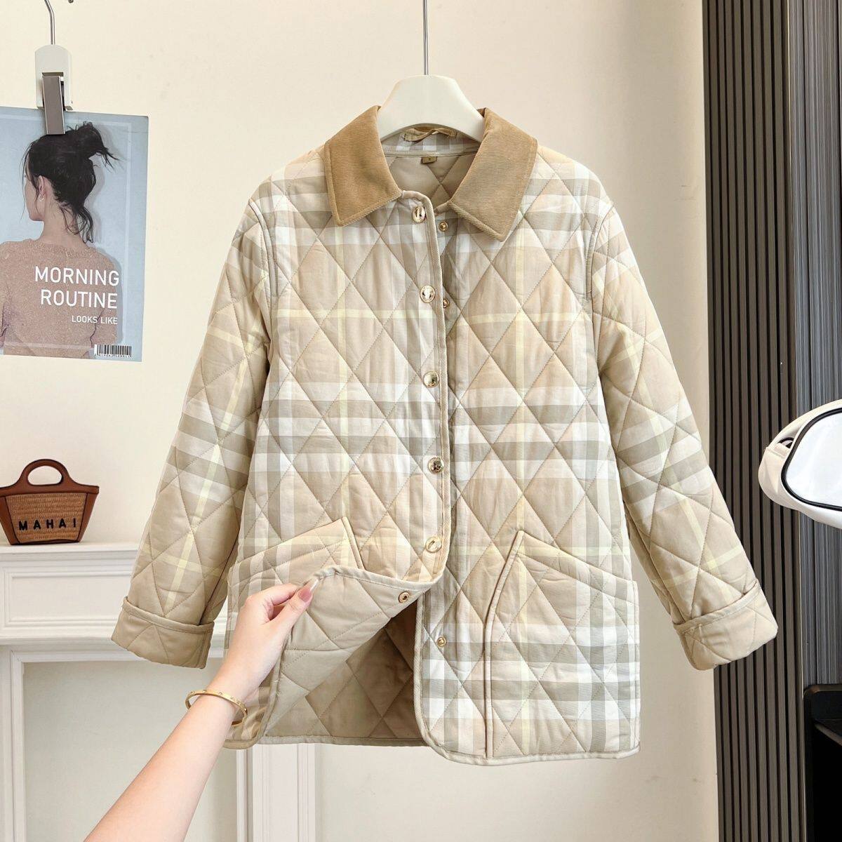 【棉服】新款外套秋冬夹棉轻薄棉衣棉服菱格短款翻领128321