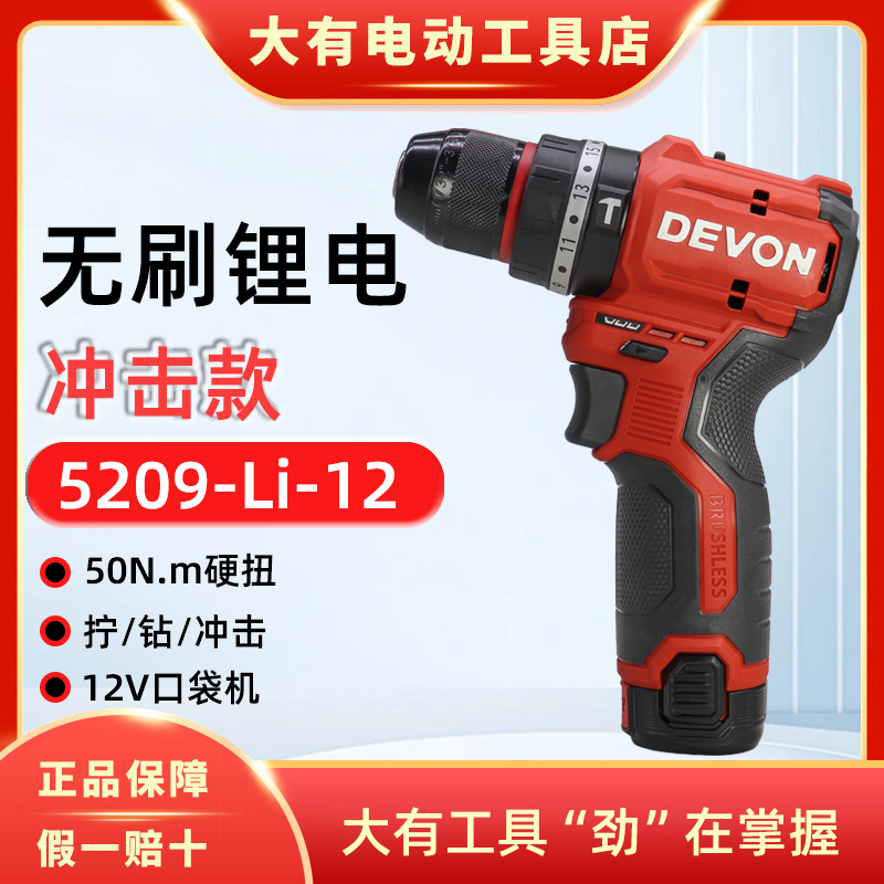 大有12V无刷锂电手钻冲击钻5209家用小型打孔电动螺丝批50牛米