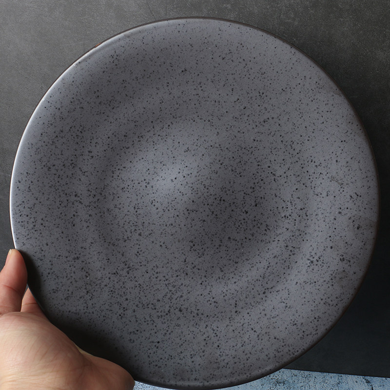 【某牌 孤品】黑色哑光磨砂陶瓷西餐餐具平盘【艺术感的碎玻璃渣