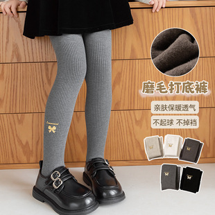 女童连裤袜秋冬款竖条纹加绒磨毛儿童打底裤中大童加厚保暖连脚袜