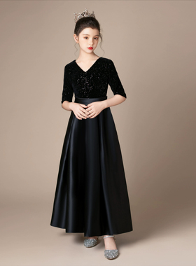 黑色女孩钢琴小提琴丝绒长袖演出服主持人女童礼服管弦乐团大合唱